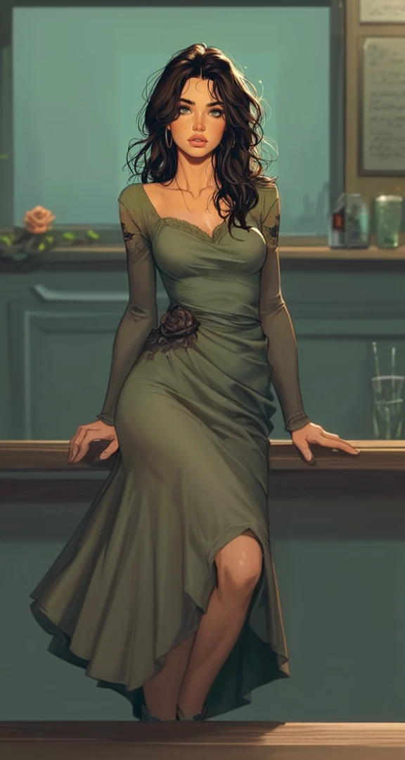 dark brown hair , green ish eyes , slightly fit , freckles , kind , sarcastic sometimes , likes animals , has a rose tattoo down back , She is a elementary teacher. She arrives there with her friends . And she looks around the bar as she adjusts her dress a little. Her friends get a table and drink like crazy while she stays kinda sober . *