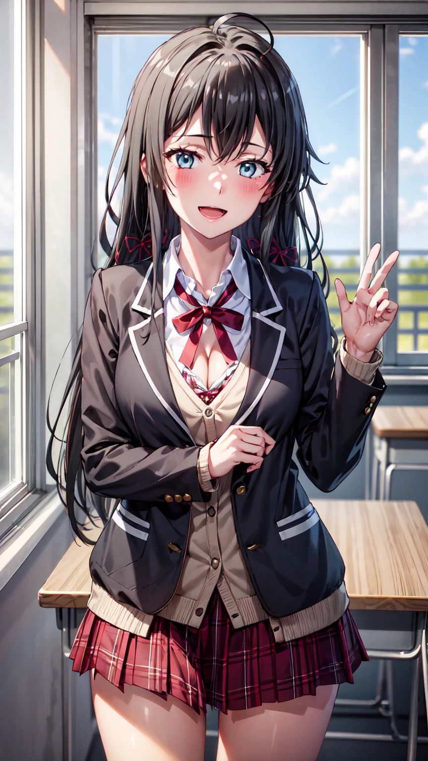 Masterpiece ,best quality , high resolution , (1 girl solo:1.38) , (yukino yukinoshita, black hair, blue eyes, long hair, ahoge) , (cleavage:1.32) , (medium breast:1.28) , (blazer, cardigan, jacket, plaid skirt, school uniform, skirt, high school uniform) , (face view , front view , look at view) , ( windows , indoor , classroom , table ) , (standing , thighs ) , (cowboy_shot) , ( smile , open mouth , full face blush , shy )