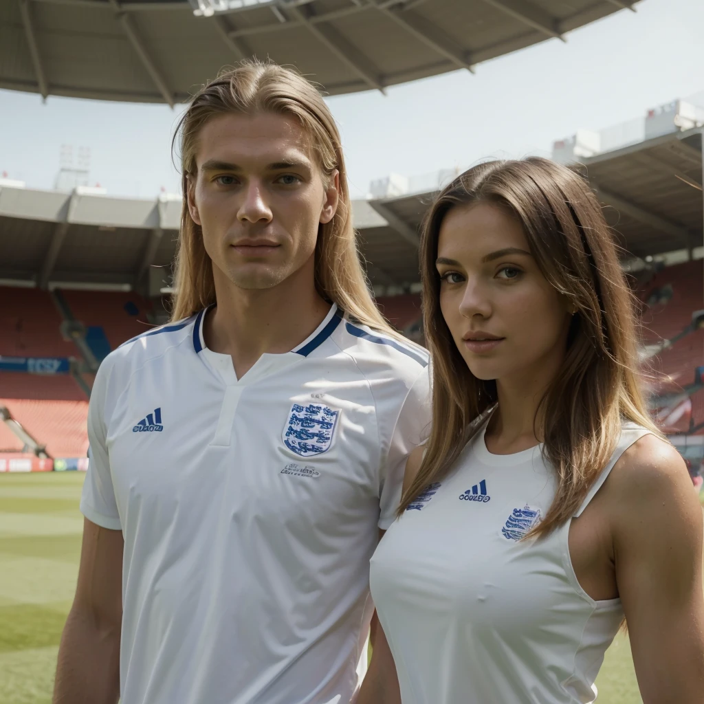 ((best quality)), ((masterpiece)), (detailed), ((couple)) , 1woman, very long blonde hair, England soccer jersey , 1man, ((tall man)) , muscular, handsome, dark, ((short hair)) , wearing England soccer jersey, soccer game, Stadion, summer time