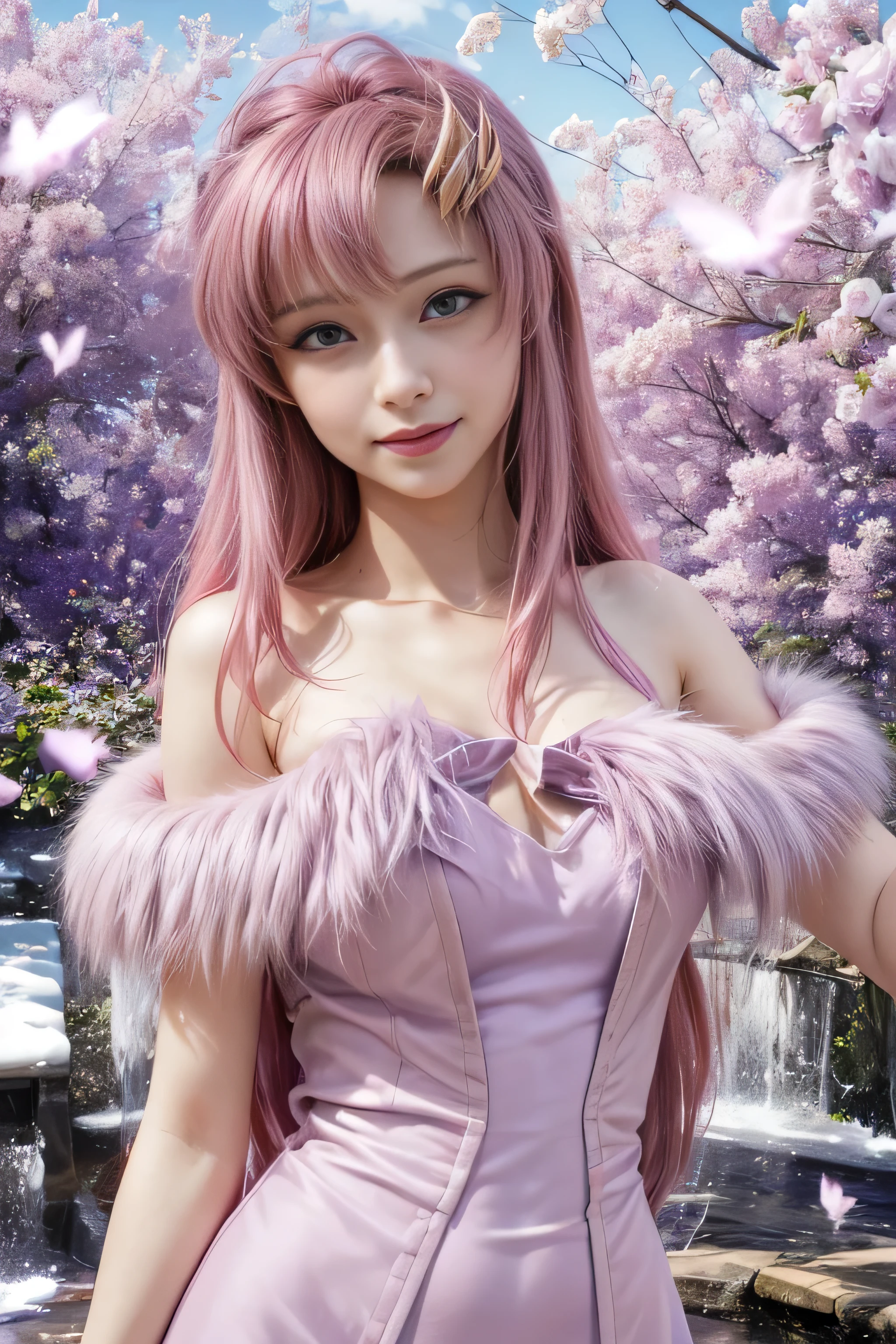 masterpiece, best quality, (realistic,photo-realistic:1.4), (RAW photo:1.2), extremely detailed CG unity 8k wallpaper, delicate and beautiful, amazing, finely detail,official art, absurdres, incredibly absurdres, huge filesize, ultra-detailed, extremely detailed, extremely detailkcaled girl,extremely detailed eyes and face, light on face,(little smiles:1.3),long hair,(pink hair:1.3),garden,small breast,(purple eyes:1.5),lacus clyne,nature,(purple dress:1.5),(wearing furry coat:1.4)