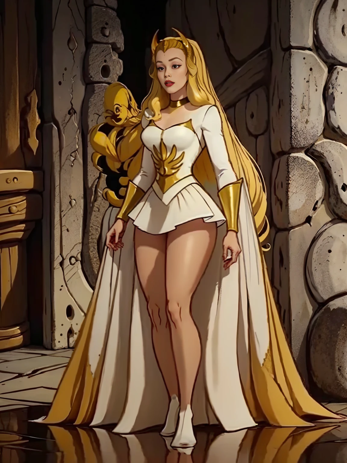 ((Full body photo, standing, on the ground)) raw photo of a 1girl, thigh high bootsblonde, long, golden thigh-high boots, white dress, choker, she_ra, Dynamic pose,smug smile,tall , (muscular body:1.3), (femenine hands:1.3),skindentation, narrow waist, thighs, wide hips, half eye close, eyeliner, eyelashes, perfect face, detailed eyes, facial lighting,looking at viewer (masterpiece, high quality:1.2)