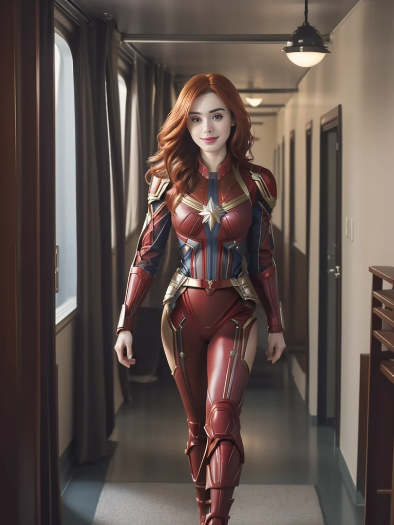a sexy 28 year old woman, beautiful redhead LILY COLLINS alone, detailed eyes, lush lips, flirtatious smile, youthful enthusiasm, standing on the bridge of a starship, dressed as CAPTAIN MARVEL, Walking down the hallway, realist, fotorrealist, 8k, high quality, Masterpiece, studio lighting, extremely detailed.
