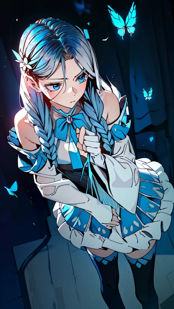 (Overhead view),dynamic angle,ultra-detailed, illustration, close-up, straight on, 1girl, (fantasy:1.4), (azure blue eyes:1.233),Her eyes shone like dreamy stars,(glowing eyes:1.233),(beautiful and detailed eyes:1.1),(Silver hair:1.14),(messy hair,very long hair,french braid,hair between eyes,sidelocks), (+(bule hair flower:1.14)),(chiffon dress,bule flower pattern in uniform)/=(military uniform:1.24),(detached sleeves,wide sleeves),(fingerless gloves),choker,(miko thighhighs),High heeled boots,(expressionless,closed mouth),(standing), (classical Princess boudoir with dressing tableand french windowin a white ancient palaces),(white flowers,bloom),(abysmal sea),(flowing water),(a dull blue world tree:1.14),(ruins),(night:1.2),dreamy,soul,(fluorescence),(flying translucent blue butterflies:1.15), [[delicate fingers and hands:0.55]::0.85],(detail fingers),(yubao:0.5),