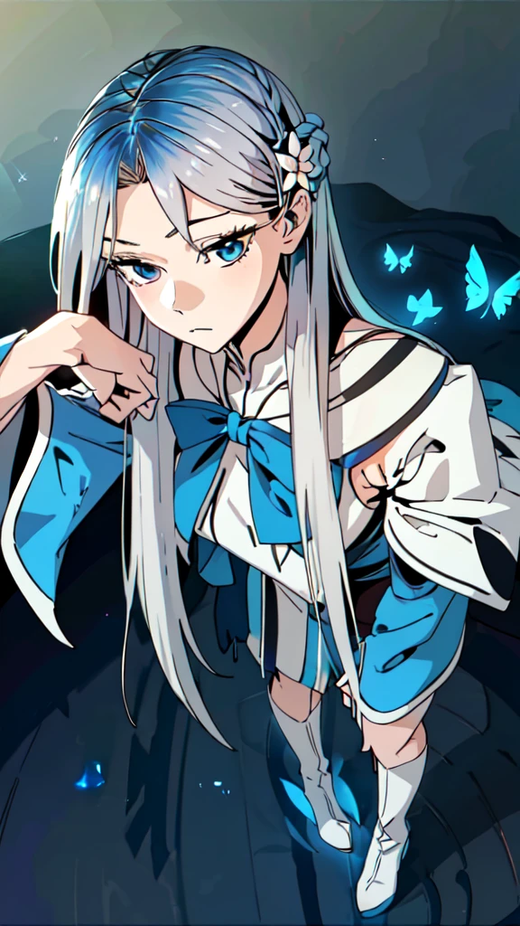 (Overhead view),dynamic angle,ultra-detailed, illustration, close-up, straight on, 1girl, (fantasy:1.4), (azure blue eyes:1.233),Her eyes shone like dreamy stars,(glowing eyes:1.233),(beautiful and detailed eyes:1.1),(Silver hair:1.14),(messy hair,very long hair,french braid,hair between eyes,sidelocks), (+(bule hair flower:1.14)),(chiffon dress,bule flower pattern in uniform)/=(military uniform:1.24),(detached sleeves,wide sleeves),(fingerless gloves),choker,(miko thighhighs),High heeled boots,(expressionless,closed mouth),(standing), (classical Princess boudoir with dressing tableand french windowin a white ancient palaces),(white flowers,bloom),(abysmal sea),(flowing water),(a dull blue world tree:1.14),(ruins),(night:1.2),dreamy,soul,(fluorescence),(flying translucent blue butterflies:1.15), [[delicate fingers and hands:0.55]::0.85],(detail fingers),(yubao:0.5),