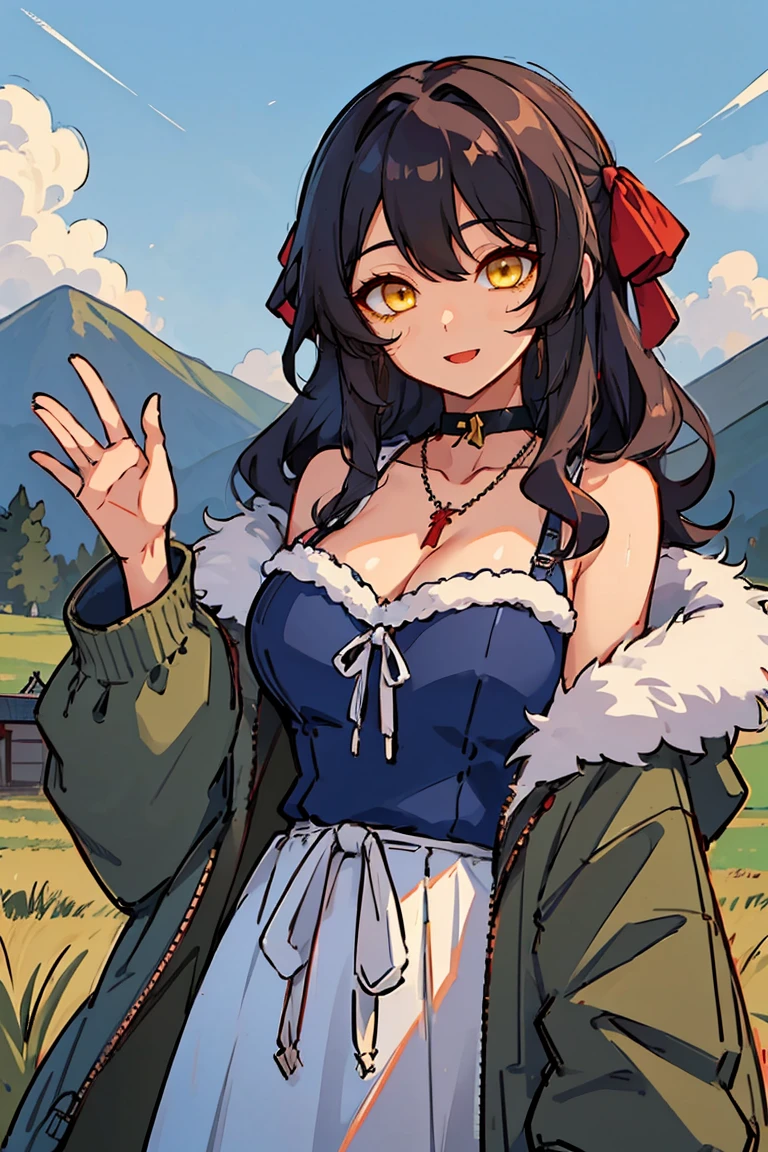 (masterpiece:1.2), (high quality:1.2), hui xiyi, rekkyo sensen, rekkyou sensen, girls with((black hair, (wavy long hair, one side up:1.3), bare shoulders, breasts, choker, cleavage, coat, collar, collarbone, cowboy shot, dress, blue clothes, frills, red bow, red ribbon tie, neck ribbon, fur, fur collar, fur trim, hood down, hooded jacket, hoodie, jacket, large breasts, long hair, long sleeves, ribbon belt, medium breasts, medium hair, necklace, open clothes, open hoodie, sleeveless, solo, winter clothes, zipper, cleavage, upper body, hand up, waving, palm)), background with((architecture, blue sky, bush, (castle:1.25), village, no humans, cloud, cloudy sky, day, field, garden, grass, hill, house, lamppost, landscape, mountain, mountainous horizon, nature, no humans, outdoors, scenery, shrine, sky))