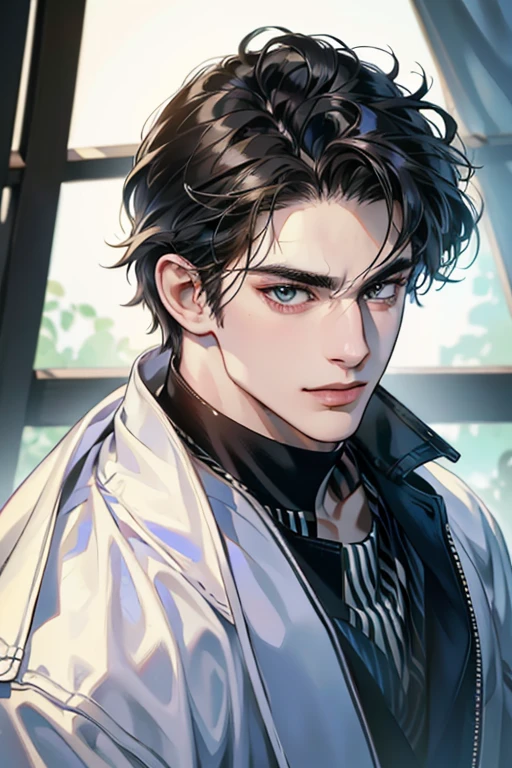 (best quality,4k,8k,highres,masterpiece:1.2),ultra-detailed,(realistic,photorealistic,photo-realistic:1.37),30 year old man,3 day beard,handsome anime,portraits,strong,masculine,dark hair,sharp jawline,mesmerizing eyes,perfectly styled hair,cool anime outfit,confident expression,vibrant colors,dynamic lighting, CEO and expression smile in love.