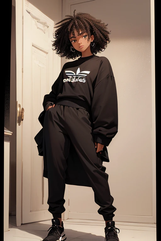 (Full-length portrait: 1.5), 16-year-old boy, with an average height of 1.80 cm, facial features of mixed origin, such as an aquiline nose and full lips, inherited from his African ancestry, and more refined features on the side white of his heritage. Her hair is an explosion of frizzy Afro-style curls, reaching almost to her shoulders, and is a deep black color, highlighted by the brown tones of her eyes. To make the look more youthful and lively, give it a caricatural look, with exaggerated and expressive features, such as bouncy eyebrows and large, bright eyes. He adds a very stylish adidas sweater, Average physical height of a 16 year old teenager