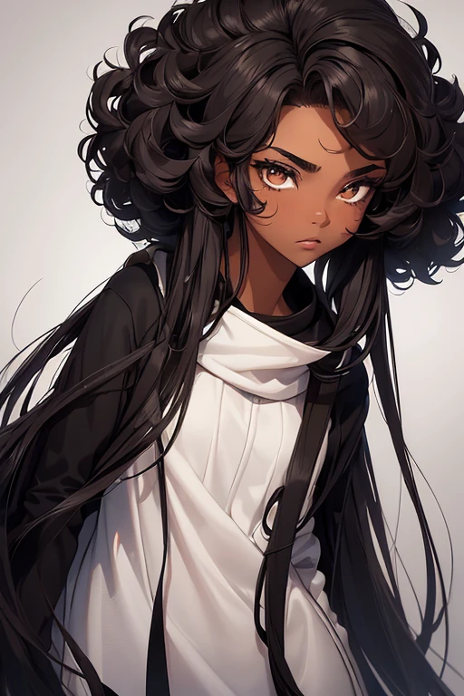 (Full-length portrait: 1.5), -yeld bowith an average height of 1.80 cm, facial features of mixed origin, such as an aquiline nose and full lips, inherited from his African ancestry, and more refined features on the side white of his heritage. Her hair is an explosion of frizzy Afro-style curls, reaching almost to her shoulders, and is a deep black color, highlighted by the brown tones of her eyes. To make the look more youthful and lively, give it a caricatural look, with exaggerated and expressive features, such as bouncy eyebrows and large, bright eyes. He adds a very stylish adidas sweater, Average physical height of a 16 year o