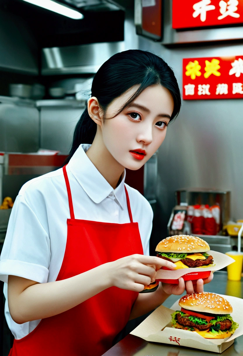 a Fast Food Worker, by zhang daqian and Gu_An and Lü_Ji and Zhang Jingna and wenjun lin, full body, cinematic still, cinemascope, best quality, masterpiece, very aesthetic, perfect composition, intricate details, ultra-detailed, vivid colors