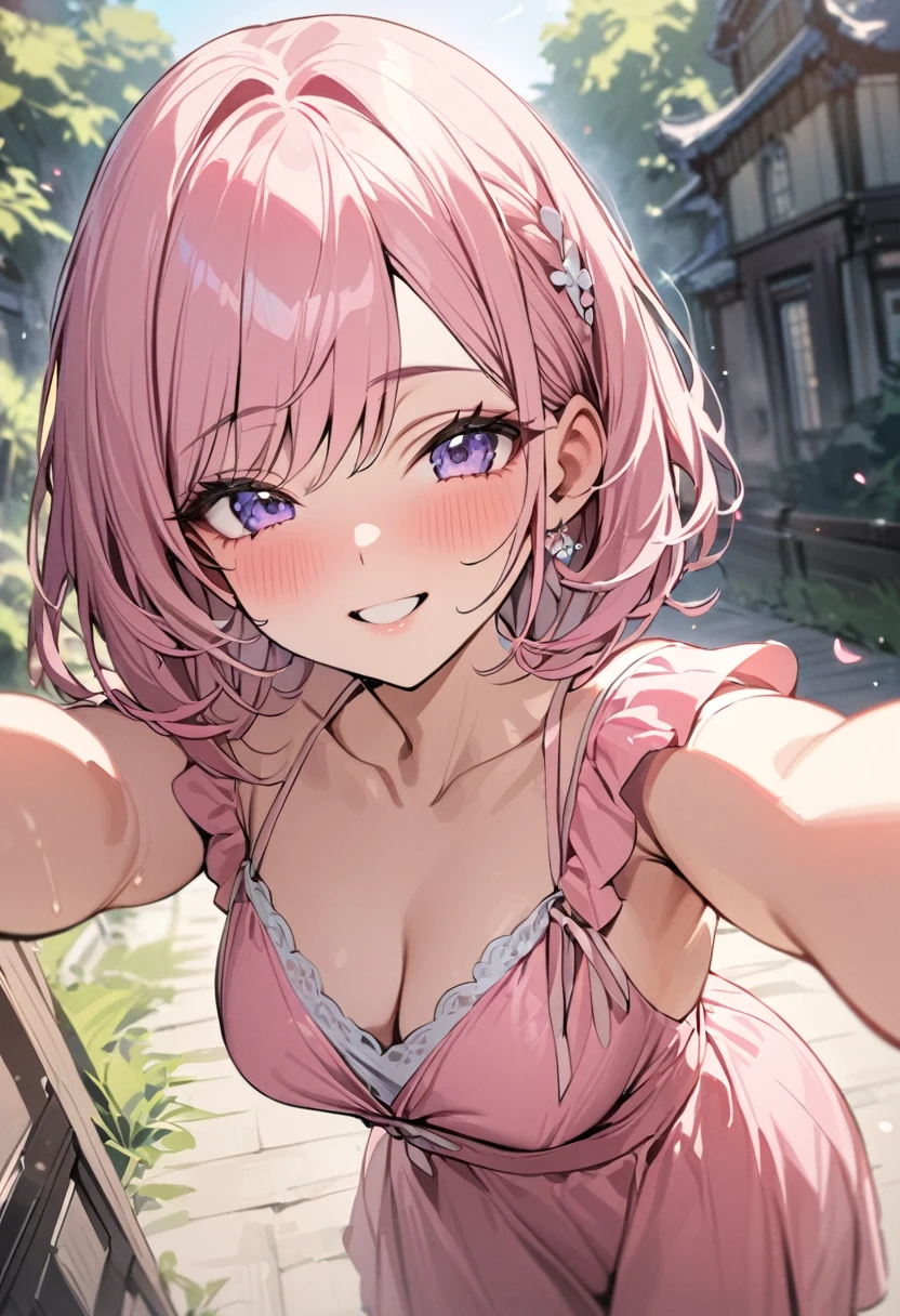 (masterpiece, best quality), 1 Girl, Pink short hair,Smile, Lovely, Selfie, outdoor, Pretty Face, Pink dress