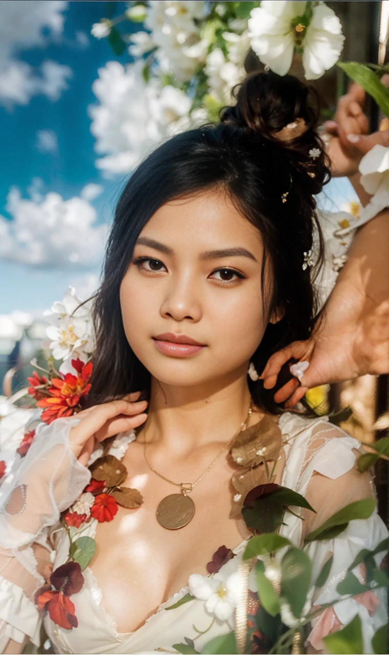 A indonesian wonan, wearing white dress with colorful flower motif, realistic detailed UHD 4k photography extreme quality, Cg unity 8k, super delicate, background blur, full depth of field, HDR high dynamics, real restoration, intricate and extreme details, perfectly presenting the style of midjourney art. realistic, elegant, goddess, surrealism, high detail, supremacy, cinematic lighting, ray tracing, shadow, uhd, retina, masterpiece, ccurate, anatomically correct, textured skin, super detail, high detail, high quality, high quality, award-winning, best quality, high resolution, 1080P, 16k, 8k, 4K, HD
