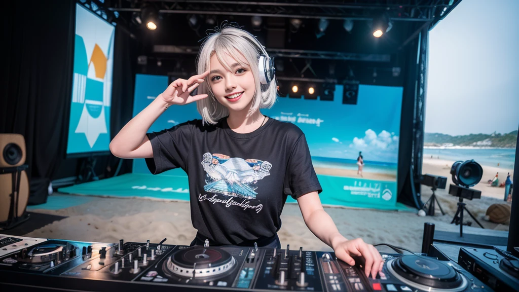 (ultra - detailed, 16K resolution, Cinema lenses, rendering by octane), (high resolution:1.18), intricate detail, (masterpiece:1.1), (highest quality:1.1), (1girl, portrait, white hair, blue eyes, short hair, detailed eyes),Wearing silver DJ headphones, sequined T-shirt, (in the beach:1.5), (Iconic hip-hop pop costumes:1.3), Smile while DJing on stage, DJ studio next to the beach, ((A stylish DJ stage on a hill overlooking the beach)), full body shot, Photorealistic photography by Sunshine, (cute round face:1.3), perfect fingers, five fingers, beautiful hands, perfect hands. master peace, cute smile.