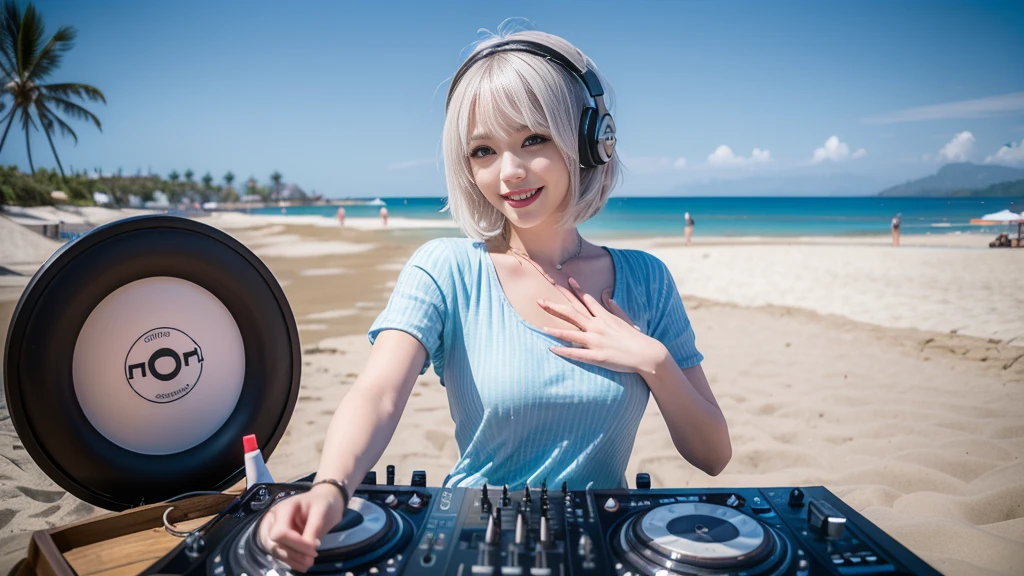 (ultra - detailed, 16K resolution, Cinema lenses, rendering by octane), (high resolution:1.18), intricate detail, (masterpiece:1.1), (highest quality:1.1), (1girl, portrait, white hair, blue eyes, short hair, detailed eyes),Wearing silver DJ headphones, sequined T-shirt, (in the beach:1.5), (Iconic hip-hop pop costumes:1.3), Smile while DJing on stage, DJ studio next to the beach, ((A stylish DJ stage on a hill overlooking the beach)), full body shot, Photorealistic photography by Sunshine, (cute round face:1.3), perfect fingers, five fingers, beautiful hands, perfect hands. master peace, cute smile.