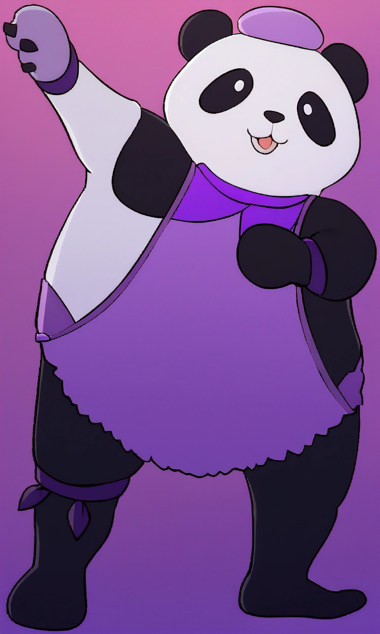 panda bear in a purple jacket and a purple scarf, panda panda panda, Inspired by Zhou Wentianchong, panda, Inspired by Zhu Da, Full body close-up, Anthropomorphic warrior bear, Merge roles, Width, inspired by Luo Ping, Inspired by Roma, Inspired by Feng Zhu, Character Art Close-up