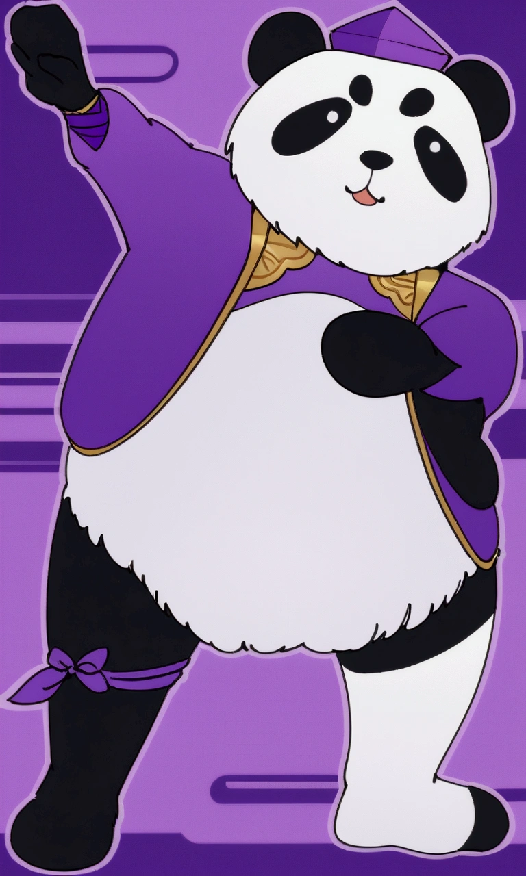 panda bear in a purple jacket and a purple scarf, panda panda panda, Inspired by Zhou Wentianchong, panda, Inspired by Zhu Da, Full body close-up, Anthropomorphic warrior bear, Merge roles, Width, inspired by Luo Ping, Inspired by Roma, Inspired by Feng Zhu, Character Art Close-up