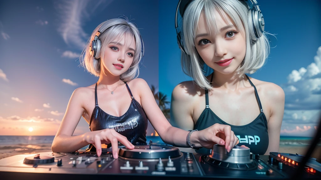 (ultra - detailed, 16K resolution, Cinema lenses, rendering by octane), (high resolution:1.18), intricate detail, (masterpiece:1.1), (highest quality:1.1), (1girl, portrait, white hair, blue eyes, short hair, detailed eyes),Wearing silver DJ headphones, sequined T-shirt, (in the beach:1.5), (Iconic hip-hop pop costumes:1.3), Smile while DJing on stage, DJ studio next to the beach, ((A stylish DJ stage on a hill overlooking the beach)), full body shot, Photorealistic photography by Sunshine, (cute round face:1.3), perfect fingers, five fingers, beautiful hands, perfect hands. master peace, cute smile.