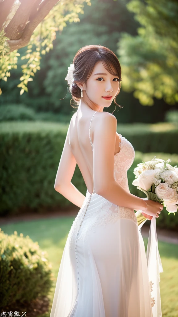 ((Photographed at a wedding))、Wearing a wedding dress、Are standing、(arms behind back)、 ((Best Quality, 8K, masterpiece :1.3)), Full body、sexy girl with perfect figure :1.4, Slender Abs :1.1, ((Huge breasts :1.0)),Ultra-detailed face and skin