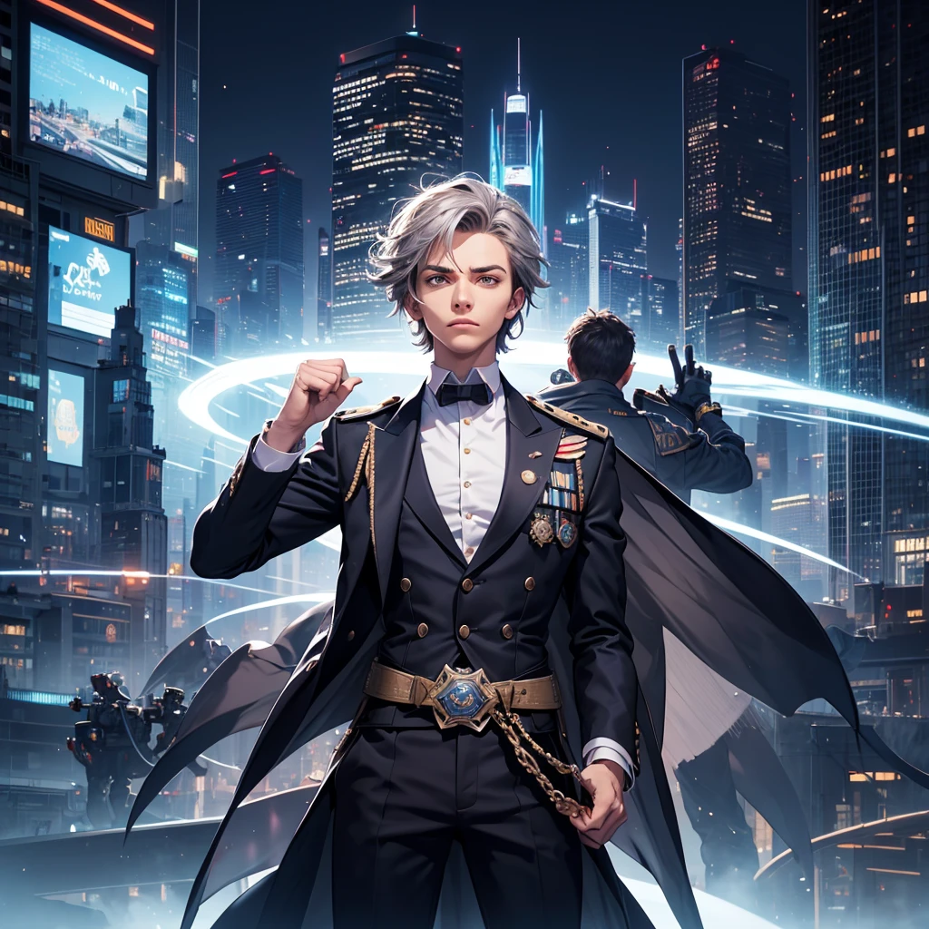 1. Focus on the Main Character:
- illustration of a young man in the center,
- **Costume Details**: the young man is wearing an academy uniform (dark blue jacket with silver accents on the collar and cuffs. This jacket has an adjustable waist belt)
- **Expression and Pose**: Shows cool and calm, perhaps in a relaxed but dominating pose.

### **2. Dynamic Background:**
- **City**: Shows a futuristic view of the city with tall buildings and advanced technology.
- **Spirit Nexus Academy**: A majestic image of the academy, with elements that reflect a prestigious training ground.