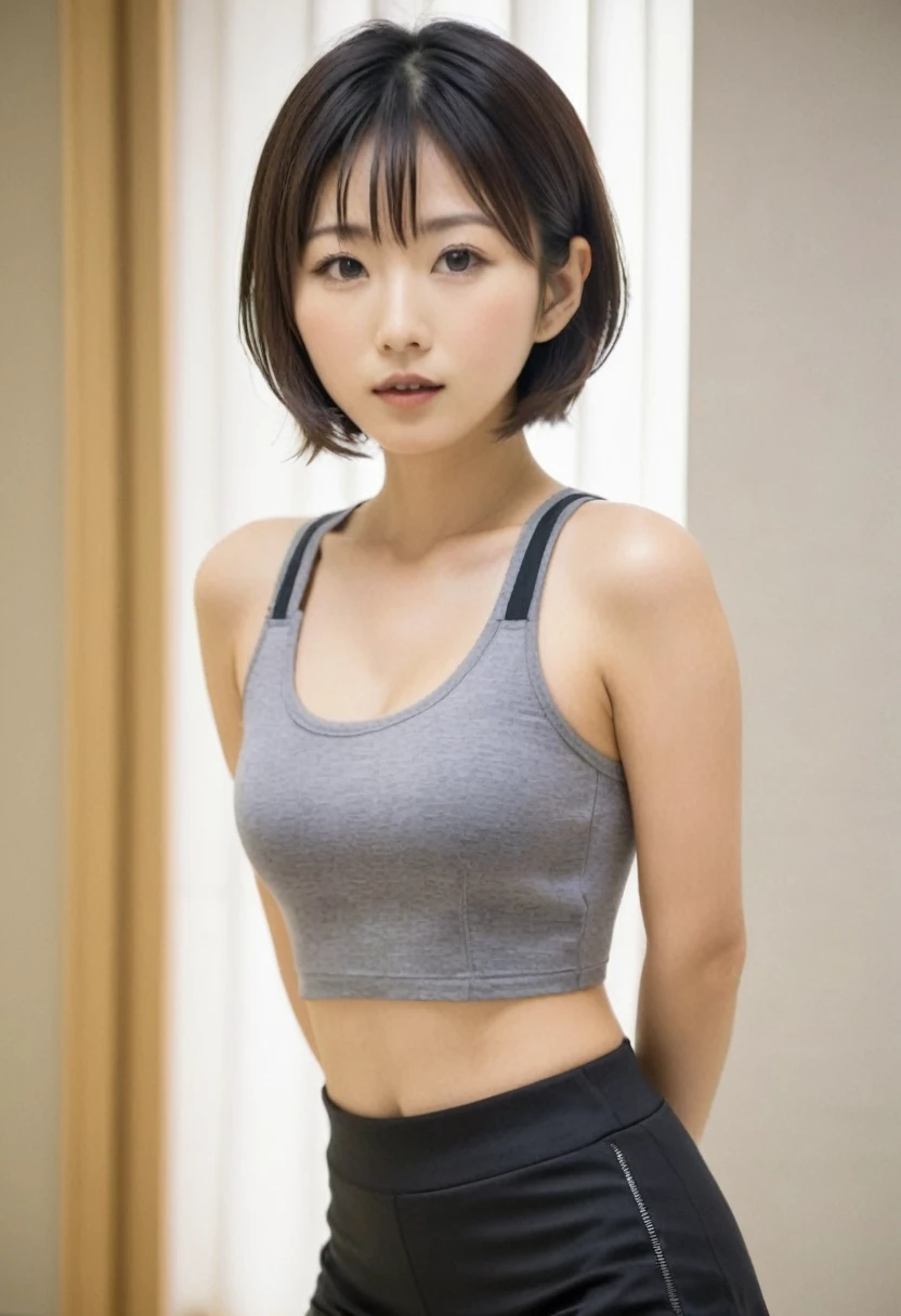 23 year old Japanese woman, short hair, in a tight gym outfit, she is in her room, big breasts