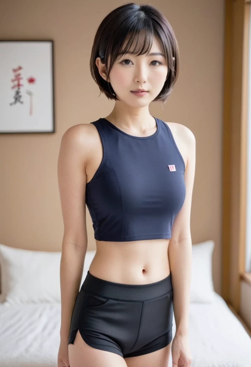 23 year old Japanese woman, short hair, in a tight gym outfit, she is in her room, big breasts