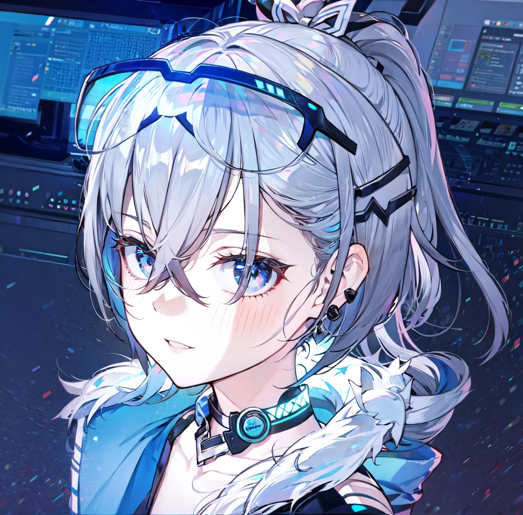 (masterpiece:1.2), (pale skin:1.2), (solo:1.2), (female:1.1), (emphasis lines:1.3), silver hair, silver eyes, hair ribbon, ponytail, jacket, choker, collarbone