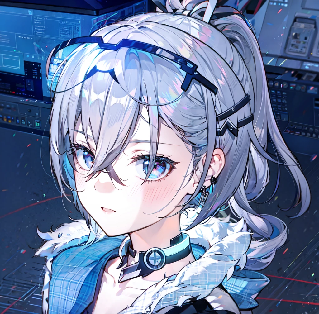 (masterpiece:1.2), (pale skin:1.2), (solo:1.2), (female:1.1), (emphasis lines:1.3), silver hair, silver eyes, hair ribbon, ponytail, jacket, choker, collarbone