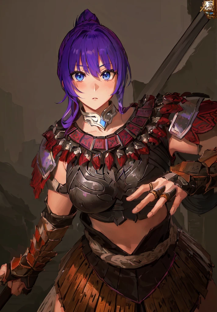 Wearing armor、Anime image of a woman holding a spear, Armor Girl, With scaly armor, Purple Armor, wearing monster hunter armor, A very beautiful berserker woman,Anime Art,Three Kingdoms志,Three Kingdoms。big boods,big ,huge ,sex body,Purple Hair,Blue Eyes,Black Leather,Brown skin,dark skin,