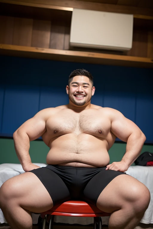 ((highest quality)), ((masterpiece)), (detailed), ((Perfect Face)), 4k, Shaved head, Young Japanese, Muscular, Fat body, Very big man, smile, ((showing off crotch)) A large Japanese man shirtless、whole body、Rugby player、Thick legs、Thick arm muscles、Intimidating、whole body、wearing a very tight black shorts、wearing a very short black shorts, (shirtless)、At the rugby field