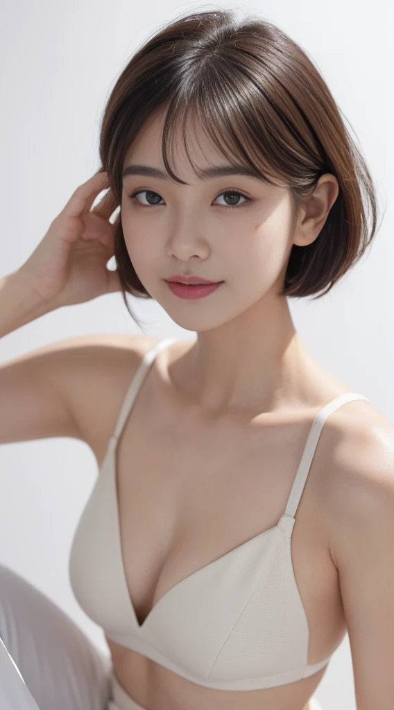 ((masterpiece、Highest quality、High definition))、Upright landscape:1.2、Full body female 1.2,((Dark brown hair、Model Body Type:1.2))、captures the top of the head,((shortcut,Very short),French Bob, ((Japanese actress,Japan is an idol,Japanese girl)),Beautiful woman,1 girl、(Photorealistic:1.4)、solo、White Background、Pure white background、Close your mouth、Smile,Laughing happily、Beautiful black hair、short hair、Big eyes、Clear double eyelids、Eyelashes、Listen carefully、Long neck、Absolute area、Skirt、(cap、Draw all the shoulders)、16 years old、Attractive proportions、Glowing Skin、Beautiful collarbone、Golden ratio face、Perfect Face、Teardrop Mole、Mole on chest、Bans、Neat bangs、Lip gloss、Thin lips、White skin、White bra、White pants