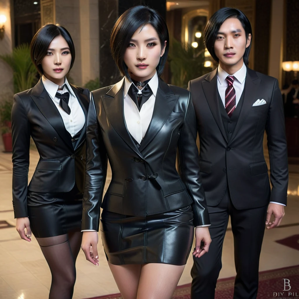 Ultra-realistic extremely detailed real life 8k masterpiece of a gorgeous asian woman re ada wong wearing (((skirt suit))), (((three-piece suit))), (((dress shirt))), (((necktie))), (((blazer))), (((black lapel))), (((suit jacket))), ((waistcoat)), double-breasted waistcoat, (((bodycon miniskirt))), pocket square, cufflinks, tie clip , tailored suit,, extremely detailed facial features, dark scary epic lighting, horror composition