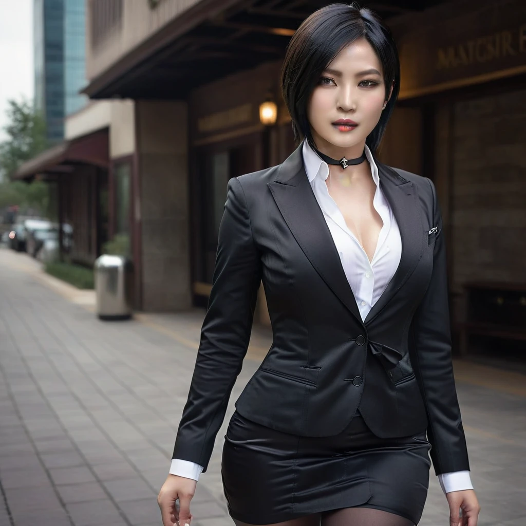 Ultra-realistic extremely detailed real life 8k masterpiece of a gorgeous asian woman re ada wong wearing (((skirt suit))), (((three-piece suit))), (((dress shirt))), (((necktie))), (((blazer))), (((black lapel))), (((suit jacket))), ((waistcoat)), double-breasted waistcoat, (((bodycon miniskirt))), pocket square, cufflinks, tie clip , tailored suit,, extremely detailed facial features, dark scary epic lighting, horror composition