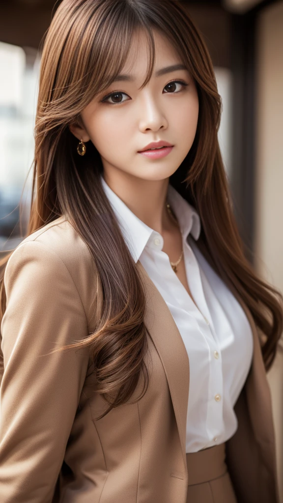 Ultra High Definition, Superior Quality, Premier Quality, ultra detailed, Photorealistic, 8k, RAW Photos, highest quality, masterpiece, Attractive woman, Stunning woman, Sexy, Brown Hair, Shoulder Length Layered, Japanese Model, Sophisticated, Stylish, Formal shirt, Shibuya, 