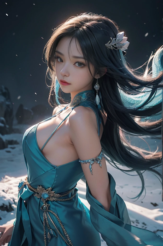 (((One girl)))，Imperial Water，magician，（Loose dress：1.5），（Perfect Face：1.4），（Red silk robe），（Mystical magical formations：1.2），(( Dragon))，（ Crystal scale brilliance，（Frostwing），Powerful Magic，Icicle，Wind景にそびえ立つ，Cyan light cold light， storm，Wind，Flying snow and snowflakes，Excellent result quality,masterpiece,超High resolution,Finely delineated,Intricate details,8K resolution,8KUKG wallpapers,High resolution,Water Blue,Magic array,Cinematic Lighting Effects,Light and dark contrast，Ray Tracing、NVIDIA, Detail of the fingers and the part staring at the viewer,（Flat Chest）,（Small breasts）