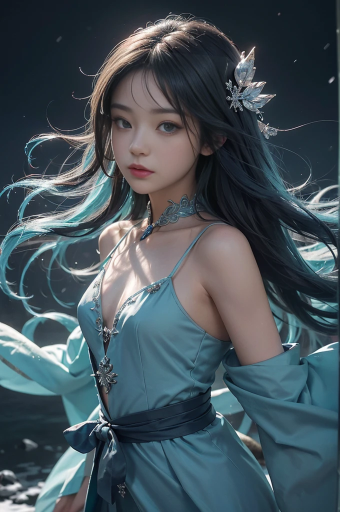 (((One girl)))，Imperial Water，magician，（Loose dress：1.5），（Perfect Face：1.4），（Red silk robe），（Mystical magical formations：1.2），(( Dragon))，（ Crystal scale brilliance，（Frostwing），Powerful Magic，Icicle，Wind景にそびえ立つ，Cyan light cold light， storm，Wind，Flying snow and snowflakes，Excellent result quality,masterpiece,超High resolution,Finely delineated,Intricate details,8K resolution,8KUKG wallpapers,High resolution,Water Blue,Magic array,Cinematic Lighting Effects,Light and dark contrast，Ray Tracing、NVIDIA, Detail of the fingers and the part staring at the viewer,（Flat Chest）,（Small breasts）
