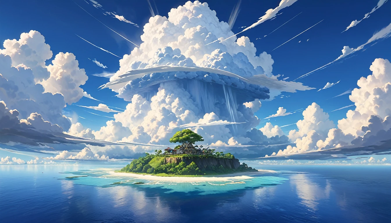 The flying island is slightly visible through the gaps in the cumulonimbus clouds.、There&#39;s a robot standing on it