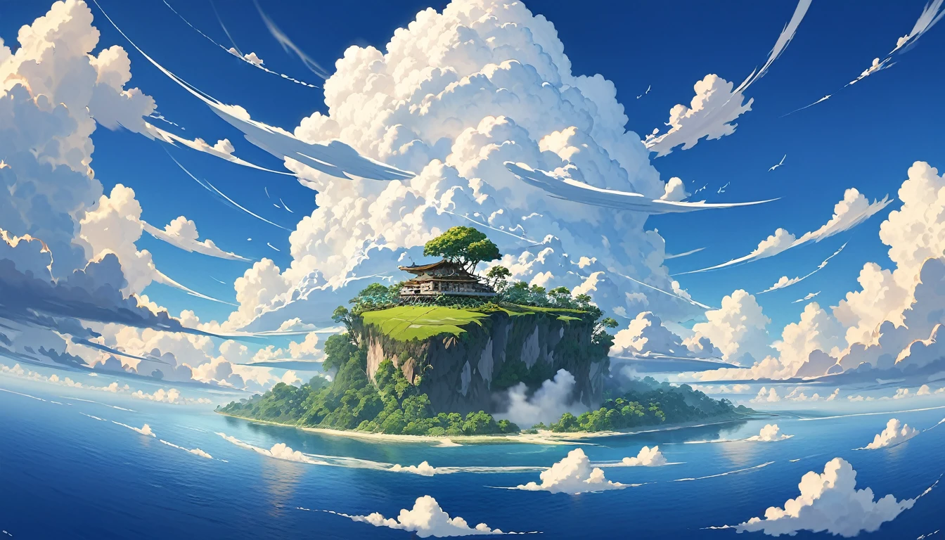 The flying island is slightly visible through the gaps in the cumulonimbus clouds.、There's a robot standing on it