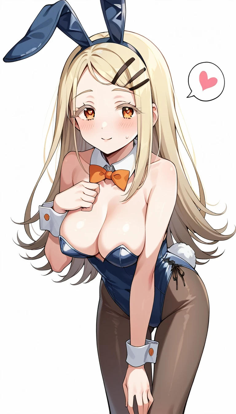 16k,score_9, score_8_up, score_7_up, source_anime, rating_safe,super detailed , 1girl, hiro-default,shinosawa hiro,slender,orange eyes,white eyelashes,blonde hair,long hair,hairclip,bunny girl costume , (heart eyes),(heart in eyes),spoken heart,very cute,blush,dutch angle,big breast ,big nipple, embarrassing,blush,beautiful face,beautiful eyes,details eyes,white background ,(cleavege),leaning forward