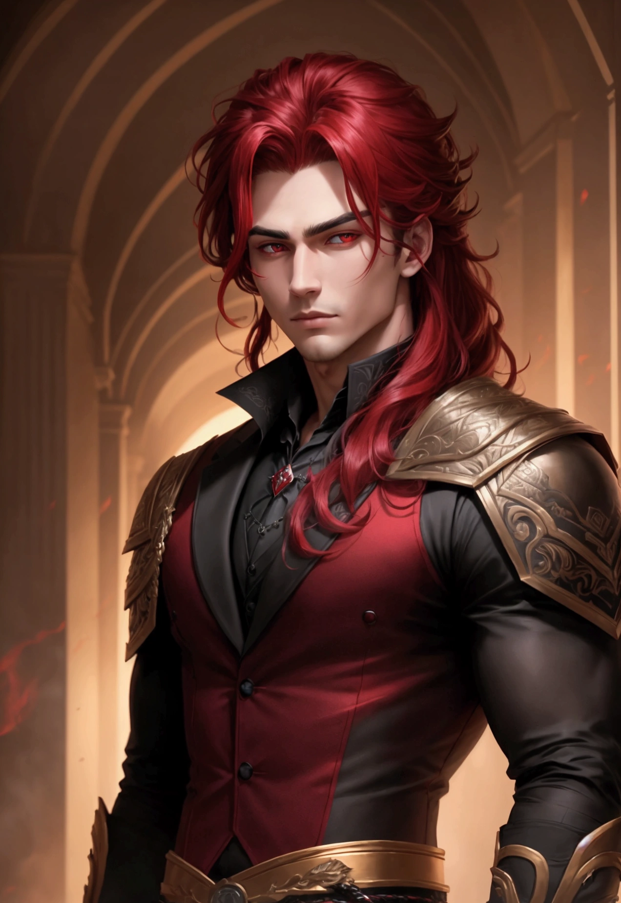 very handsome man with crimson red eyes, hair as dark as night