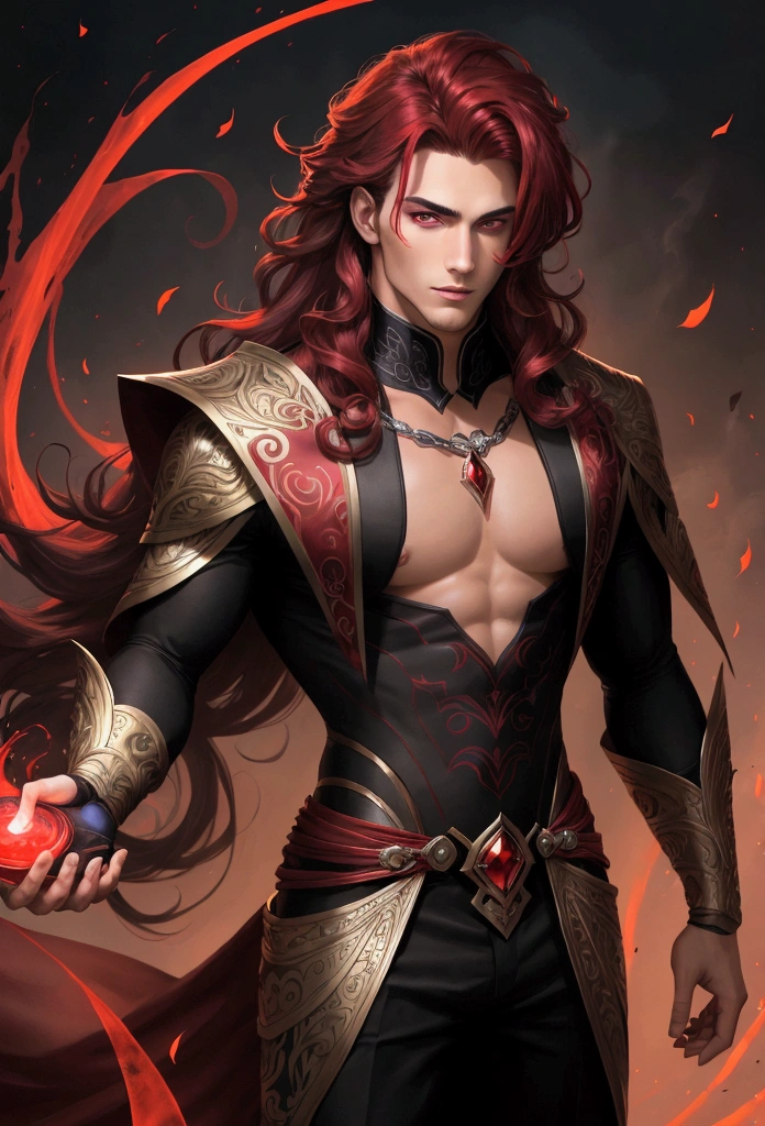 very handsome man with crimson red eyes, hair as dark as night