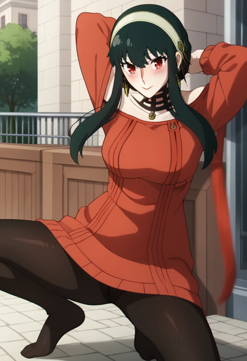 yorbriar, yor briar, black hair, (red eyes:1.5), earrings, gold hairband, hairband, long hair, sidelocks, (medium breasts:1.2),
BREAK bare shoulders, collarbone, dress, long sleeves, off shoulder, off-shoulder dress, off-shoulder sweater, pantyhose, red sweater, sweater, sweater dress, thighs,
BREAK outdoors, city,
BREAK looking at viewer, full body,
BREAK (masterpiece:1.2), best quality, high resolution, unity 8k wallpaper, (illustration:0.8), (beautiful detailed eyes:1.6), extremely detailed face, perfect lighting, extremely detailed CG, (perfect hands, perfect anatomy), armpits, arms behind head, nsfw:1.5, spread legs, half nude, pussy