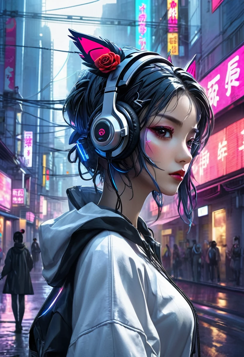 Anime girl with headphones and headpiece on city street, Digital Cyberpunk - Anime Art, Cyberpunk atmosphere, digital Cyberpunk anime art, Cyberpunk art style, Hyperrealistic Cyberpunk Style, Cyberpunk anime art, In Cyberpunk City, Zen Meditation Cyberpunk, Cyberpunk Cyborg. rose, anime cyberpunk art, advanced digital cyberpunk art, Cyberpunk aesthetic, Cyberpunk Geisha, Aesthetic Cyberpunk