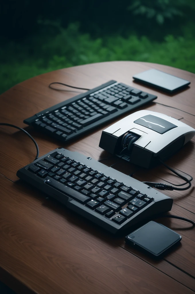 computer keyboard and mouse on table, rainy natur background