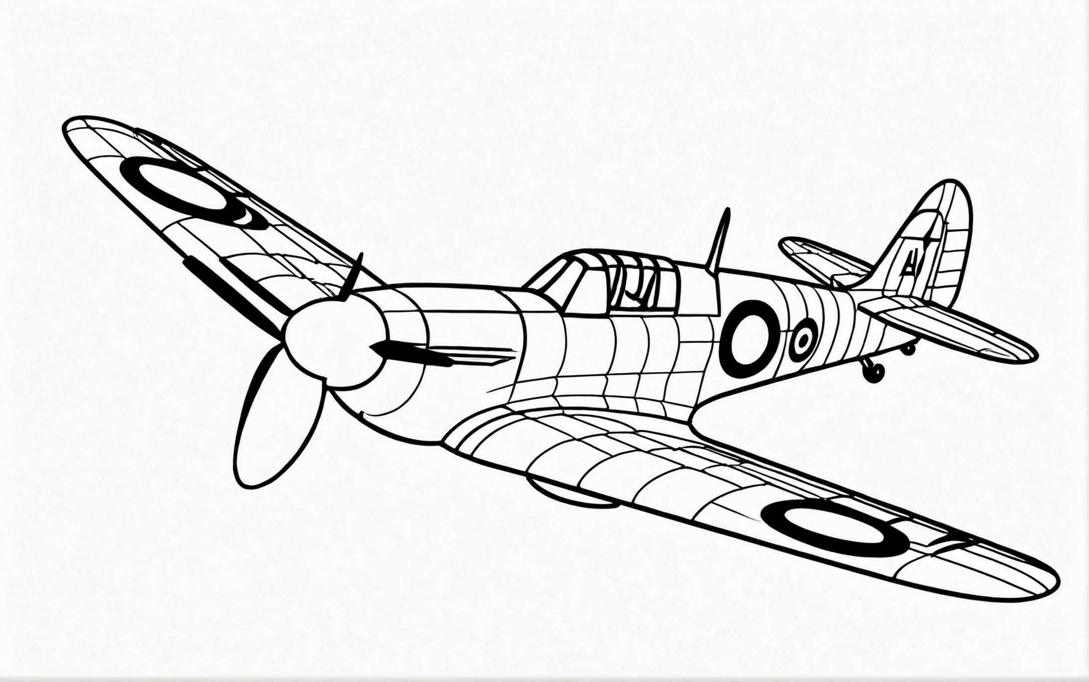 draw me a precise sketch line drawing of spitfire aircraft with intricated details, isolated, surrounded with negative space, only one line, coloring book page, perfect proportion
