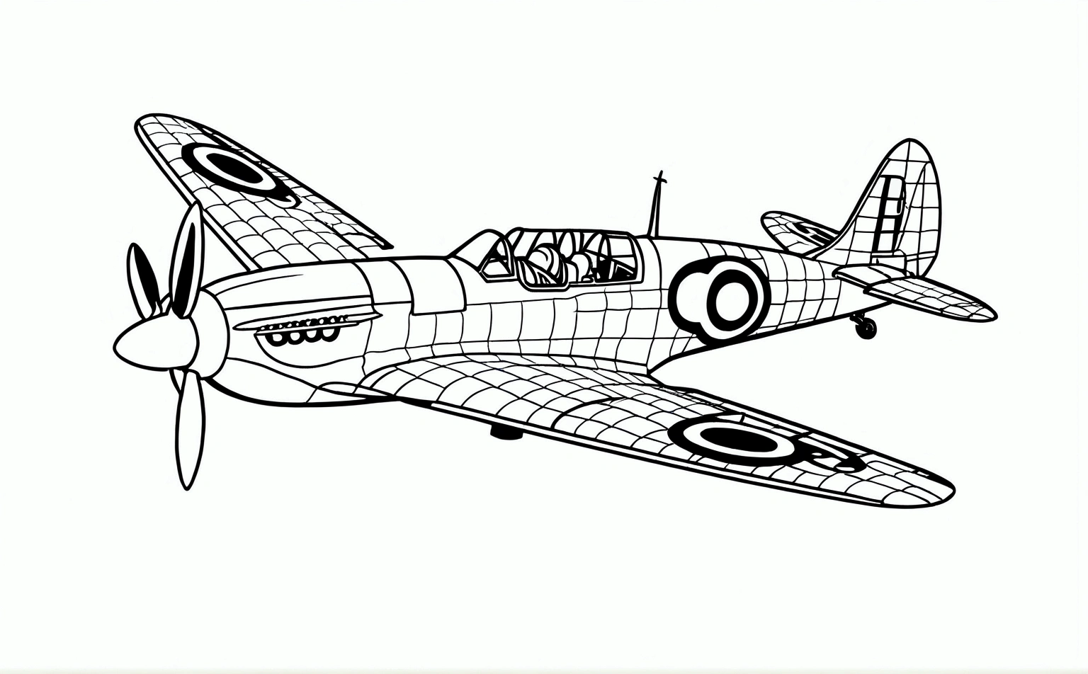 draw me a precise sketch line drawing of spitfire aircraft with intricated details, isolated, surrounded with negative space, only one line, coloring book page, perfect proportion