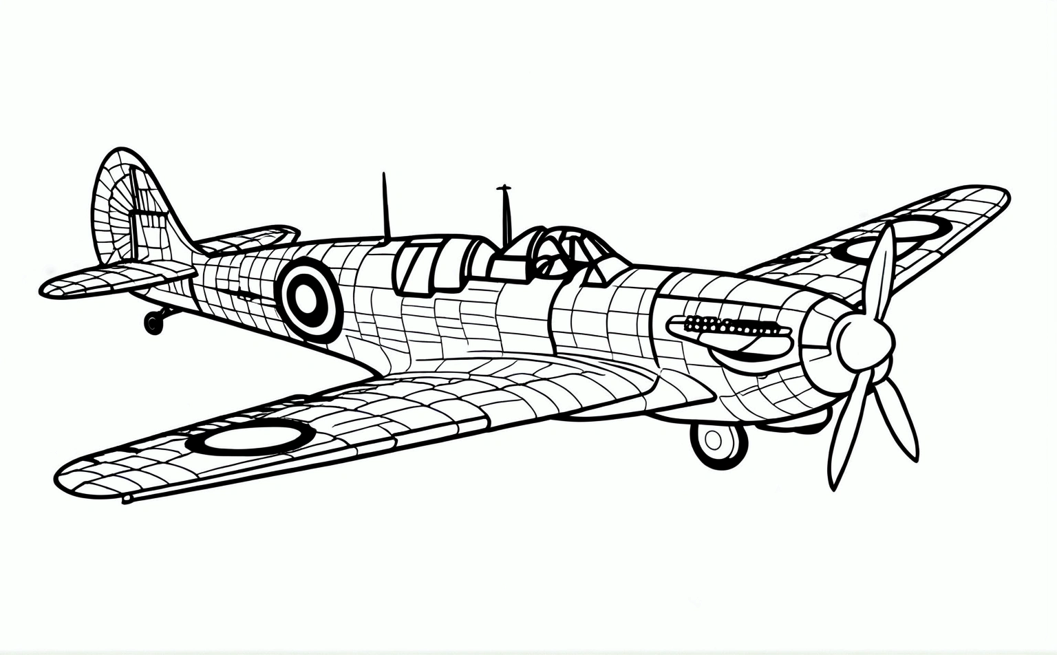 draw me a precise sketch line drawing of spitfire aircraft with intricated details, isolated, surrounded with negative space, only one line, coloring book page, perfect proportion