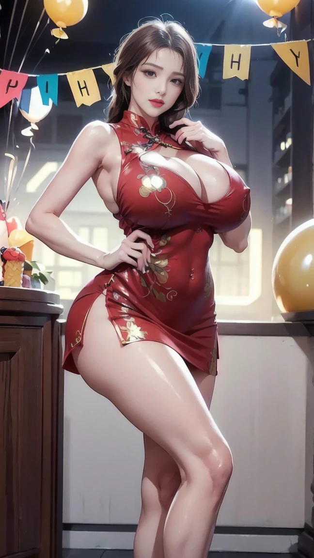 ((1 mature mother )),Delicate details on the lips,a milf,artstationh trend,intricate face details,curvy physique,(thick body),vibrant,4k,12k resolution,seductive, mom boy seductive ippo makanaochi, (sequined Chinese cheongsam, slim body, slim leggs, long leggs,, look at viewer: 1.2), ((shy expression, open lips, big and full breasts :1.4)), (( , happy birthday decoration, happy birthday party:1.4))