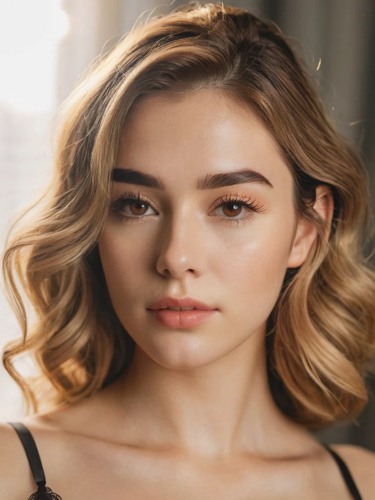 Best quality,high resolution,8k masterpiece, atmosphere, golden hour light:1.3, bright light hard light:1.2, fuji color:1.5, film grain,
Atractive woman, 21 years old, delicate occidental features, aureal proportion:1.5, slight wavy brown hair with little few blonde lights:1.4, thick sexy eyebrows:1.4, long eyelashes:1.3,deep eye look:1.3, (real skin texture:1.3), medium thick lips :1.3, golden brown eyes :1.5, photo studio:1.5, indoor, black lingerie:1.4, high contrast .