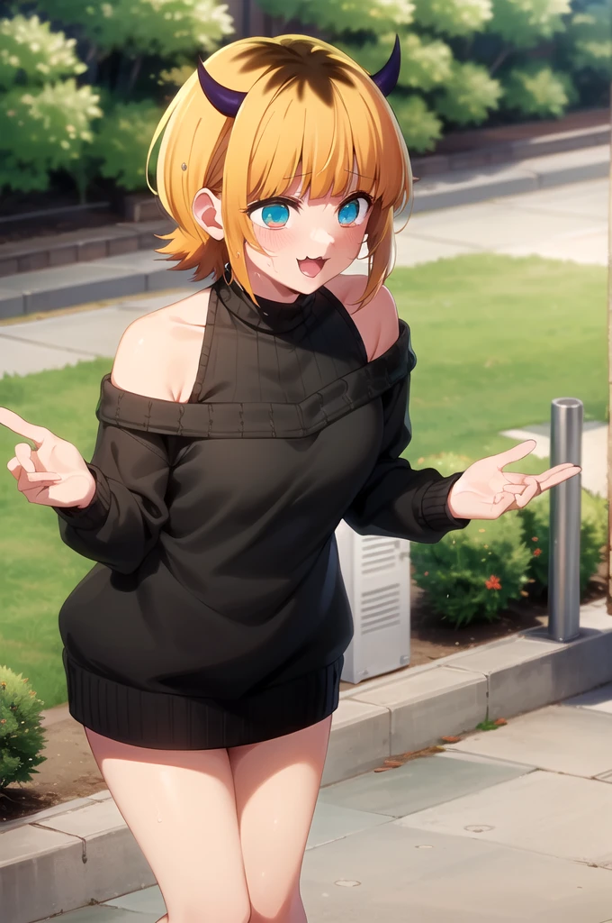 Best and highest quality, masterpiece, detailed,
memcho,
Open your mouth, A slight blush, :3, smile,
short hair, Blonde, Multicolored Hair, Aqua Eye, Blunt bangs, horn,
(Blue sweater:1.2), Black Shirt, Bare shoulders, Black Skirt, I tucked in my sweater.,
Are standing, Looking at the audience,
(Day:1.2), garden, Outdoor,
(vulgarity:1.1),(fucked silly:1.1),(steam:1.1),(wet:1.1),(trembling:1.1)