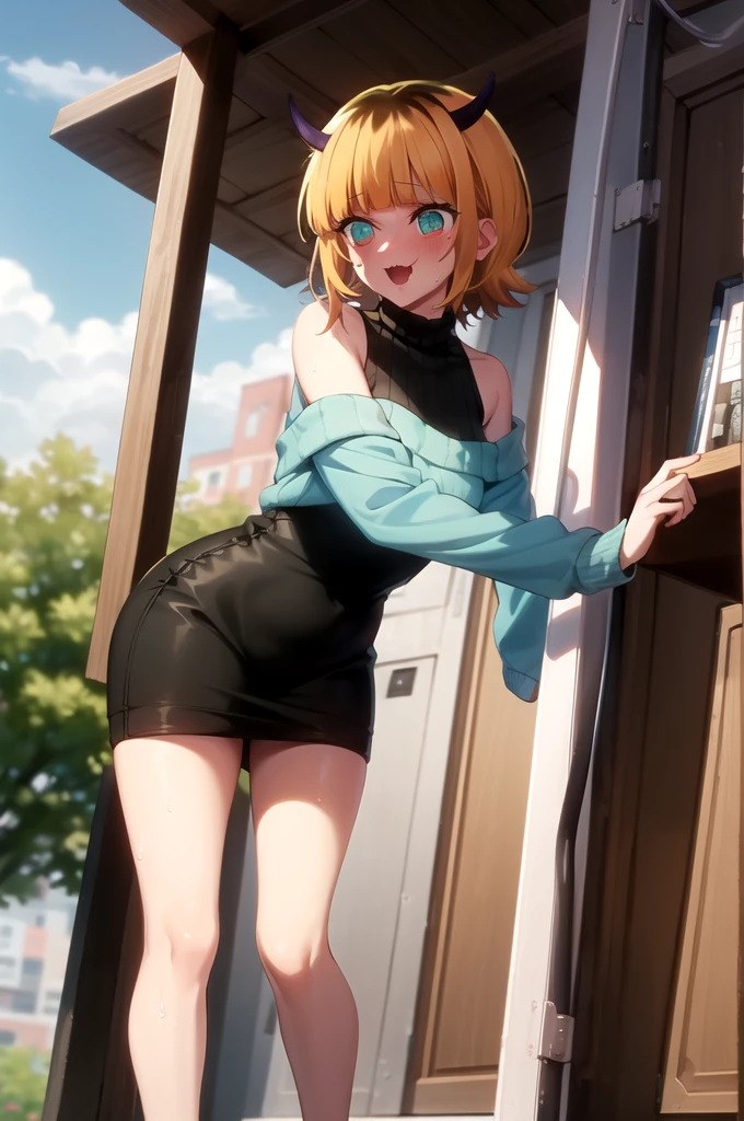 Best and highest quality, masterpiece, detailed,
memcho,
Open your mouth, A slight blush, :3, smile,
short hair, Blonde, Multicolored Hair, Aqua Eye, Blunt bangs, horn,
(Blue sweater:1.2), Black Shirt, Bare shoulders, Black Skirt, I tucked in my sweater.,
Are standing, Looking at the audience,
(Day:1.2), garden, Outdoor,
(vulgarity:1.1),(fucked silly:1.1),(steam:1.1),(wet:1.1),(trembling:1.1)