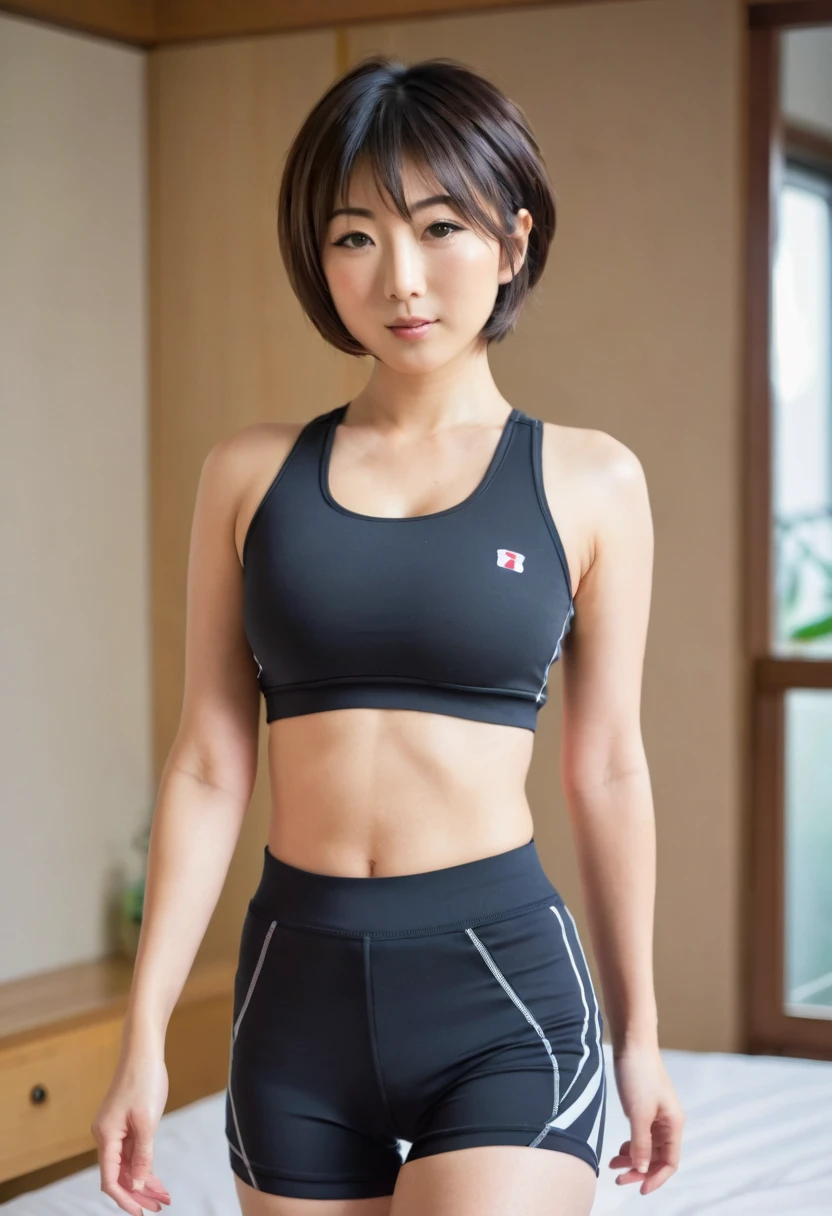 23 year old Japanese woman, short hair, in a tight gym outfit, she is in her room, big breasts